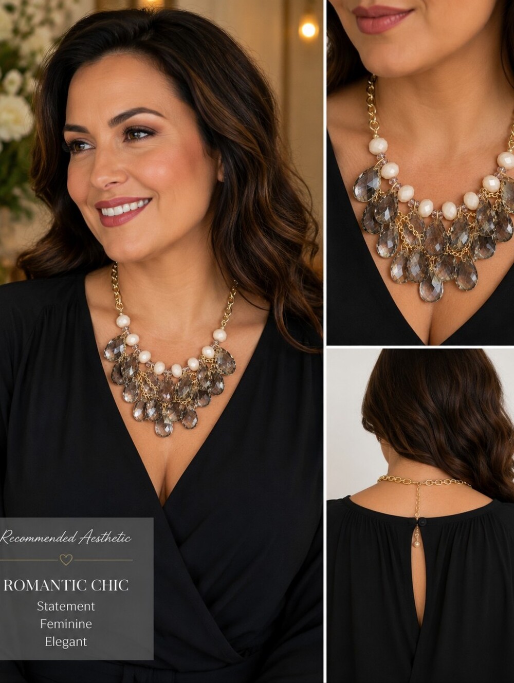 Gold Tone Crystal Teardrop Statement Necklace 18" Bib Style Chunky